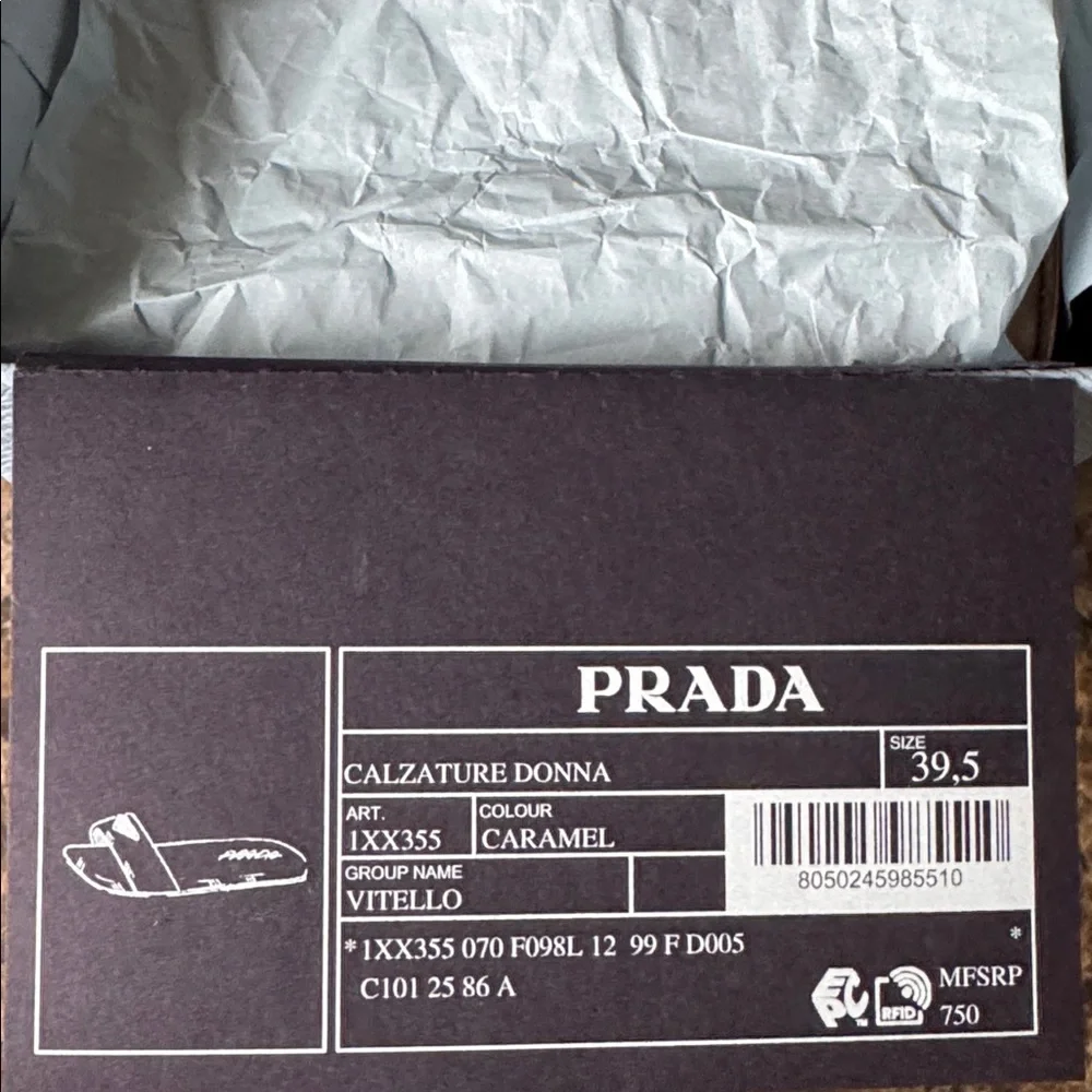 Prada ciabatte slides sandals flats camel beige leather tan gold logo sz 39.5